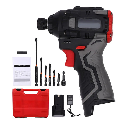 Heavy Duty Cordless Drill Set With 16.8V Brushless Motor And Knockout Power Delivery, battery, case, and accessories displayed.