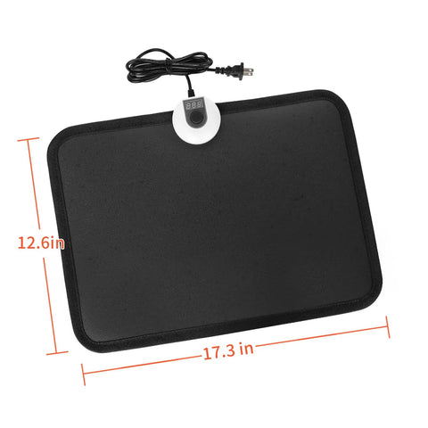 Black electric heated floor mat for feet under desk at office and home AC 110V foot warmer pad, 12.6x17.3 inches with digital display.