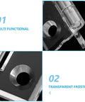 Close-up of multi-functional frosted acrylic cabinet hinge with pre-drilled holes for easy install DIY friendly hardware