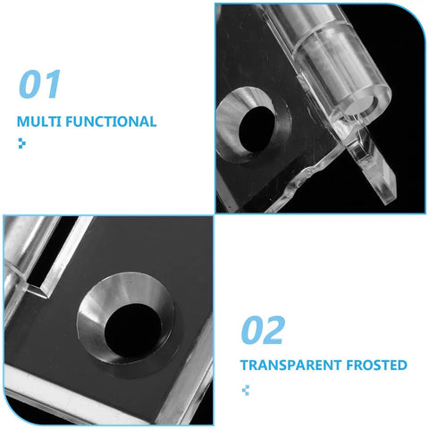 Close-up of multi-functional frosted acrylic cabinet hinge with pre-drilled holes for easy install DIY friendly hardware