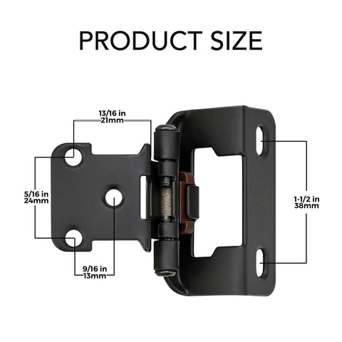 Diagram showing dimensions of 50 Pack Self Closing Cabinet Hinges Semi Overlay Half Inch Matte Black Face Frame Hinges 25 Pairs