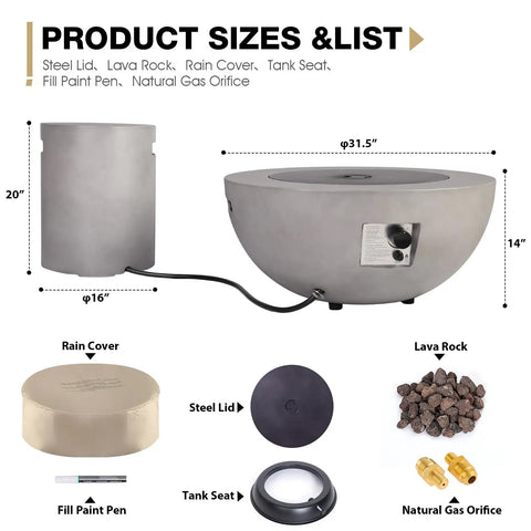 Outdoor Propane Fire Pit Table Set With Tank Cover For Backyard Hangouts And Patios, 2-Piece 50,000 BTU Concrete Bowl Fire Pit shown with accessories.