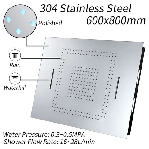 Fresh Concealed Led Rgb Shower System With Glossy Chrome Finish Eighty By Sixty Centimeter Rainhead Handheld Sprayer Four Way Body Jets Solid Brass Tub Spout Zero Hassle Setup Killer Water Pressure 600x800mm stainless steel showerhead.