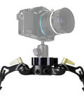 Heavy Duty Video Slider Stabilizer For DSLR Cameras with adjustable legs and bubble level, tripod mount view.