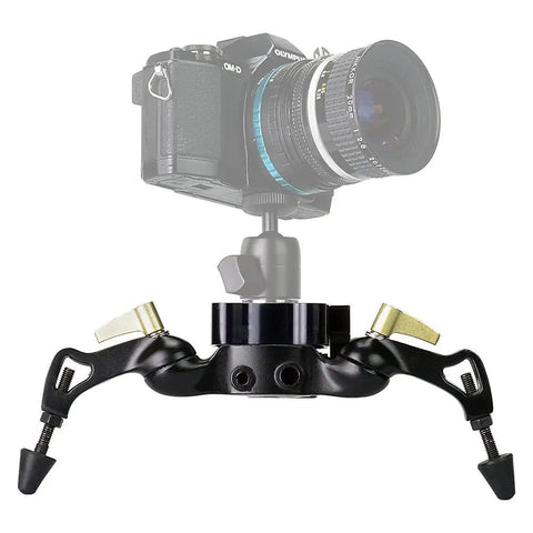 Heavy Duty Video Slider Stabilizer For DSLR Cameras with adjustable legs and bubble level, tripod mount view.