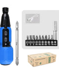 Cordless 3.6V Electric Screwdriver Set With LED Lamp, Auto Torque, including bits, USB charge cable, and box packaging