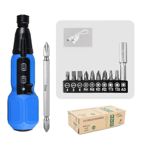 Cordless 3.6V Electric Screwdriver Set With LED Lamp, Auto Torque, including bits, USB charge cable, and box packaging