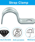 Front view of zinc-plated steel M12 pipe strap clamp with a single mounting hole.
