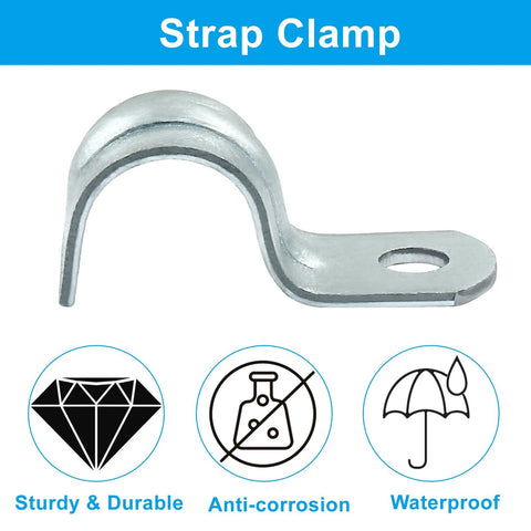 Front view of zinc-plated steel M12 pipe strap clamp with a single mounting hole.