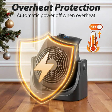 2 In 1 Portable Space Heater And Desk Fan for Home Office with 45 Degree Tilt and Dual Speed Settings, shows overheat protection feature.