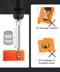 Installation of 350 Pcs Brass Heat Set Threaded Inserts Kit For Plastic And 3D Printing M2 To M6, shown with knurled grip in plastic.