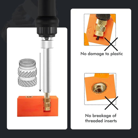 Solid Brass Heat Set Nuts M6 Metric Threaded Inserts 50 Piece Heavy Duty Kit demonstration showing no damage to plastic.