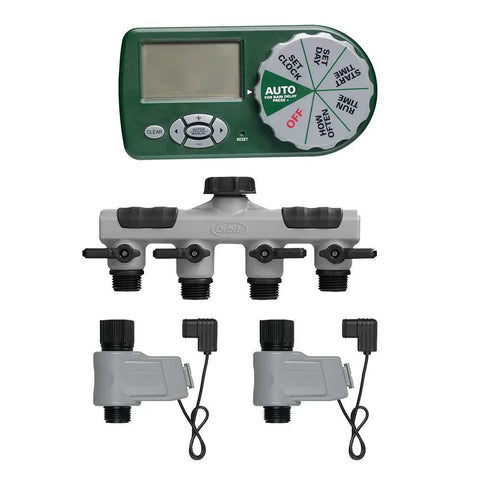 Automatic Yard Watering System With Four Station Sprinkler Setup Large Digital Display and manifold components