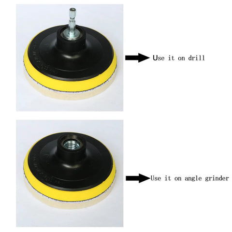 4 Inch Wool Felt Polishing Pad Buffing Wheel Kit for Drill, shown with attachments for drill and angle grinder use