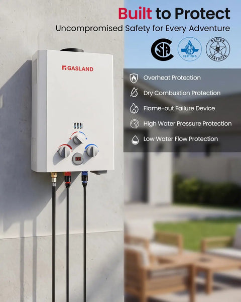 Propane Tankless Water Heater 1.58 GPM 41000 BTU Outdoor CSA certified, mounted on wall, safety features displayed.