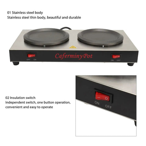 Portable Dual Burner Coffee Warmer With Thick Stainless Steel Plate Energy Efficient And Keeps Your Drink Piping Hot Straight Up Reliable Countertop Heater For Tea Coffee Milk Smooth Sipping Daily with dual burners and insulation switch.