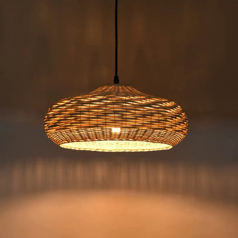Boho Woven Rattan Pendant Light Dome Ceiling Fixture For Kitchen Island 15.74 Inch Handwoven Rustic Farmhouse Vibe glowing softly