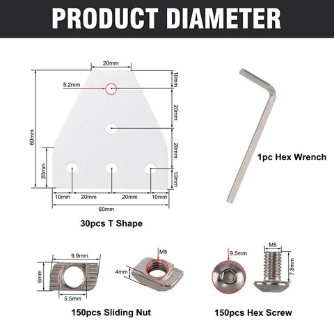 2020 Corner Bracket Joint Plate Set For 20x20mm Aluminum Extrusion Profiles, 30 Pcs T Shape Connectors, 150 Pcs M5 T-Nuts, 150 Pcs M5x8mm Hex Screws, And 1 Pcs Wrench, Lightweight Aluminum Alloy Build For Quick Install And DIY Frames