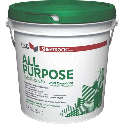 DIY Friendly All Purpose Joint Compound For Drywall Repairs And Finishing, 3.5 Qt Container with green lid and label design.