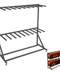 Hardcore Heavy Duty Metal Life Jacket Storage Rack With 20 Individual Slots, gray steel frame on smooth rolling wheels.