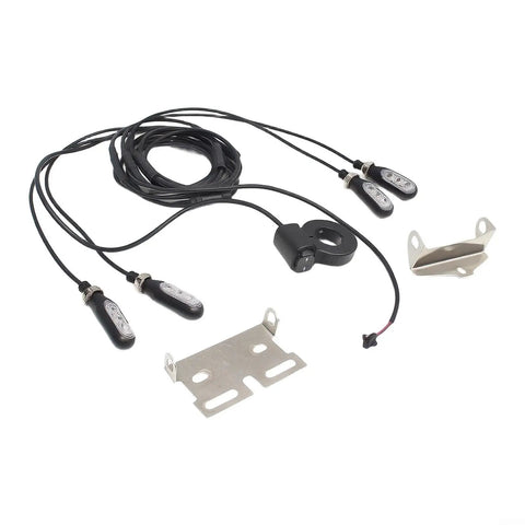 Rock Your Night Ride With This Super Bright 12 Volt E Bike Headlight Kit Featuring IP65 Waterproof Gears And Secure Snap Mount For Glowing 200 Lm LED Visibility So You Can Cruise Safe In Any Weather Without A Flak. 12V LED light kit with 4 lamps, mount brackets, and wiring