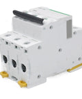 Heavy Duty 3 Pole 63 Amp Mini Circuit Breaker Type D Electrical Switch with front view, white casing for job site power distribution.
