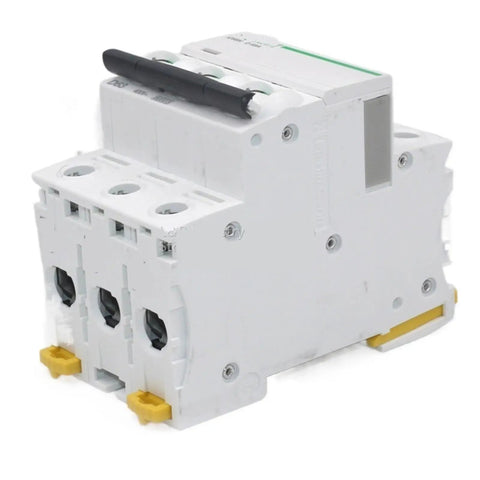 Heavy Duty 3 Pole 63 Amp Mini Circuit Breaker Type D Electrical Switch with front view, white casing for job site power distribution.