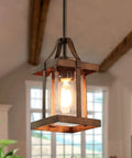 Faux Wood Lantern Pendant Lighting With Glass Shades For Kitchen Island, Bedroom, Dining Room, Hallway And Foyer in room view.