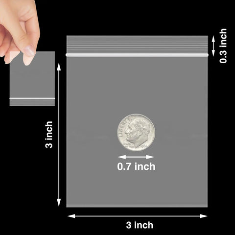 Clear 3 By 3 Inch Reclosable Zip Bags Pack Of 1200 2 Mil Thick Food Safe Poly Bags With Resealable Zipper shown with coin for size