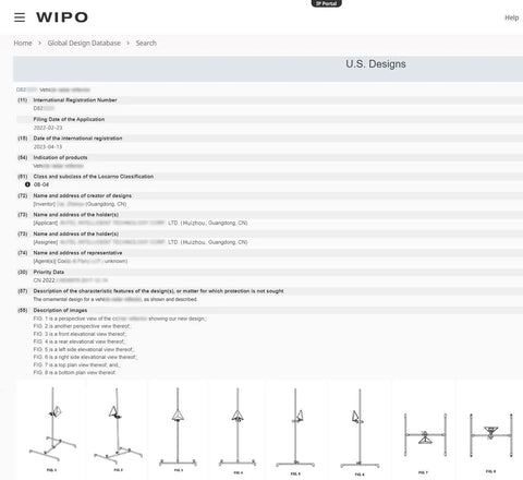 WIPO design page showing diagrams of a DIY Friendly ADAS Calibration Tool Kit for Honda, Toyota, Kia, and Ford with components and radar aiming.