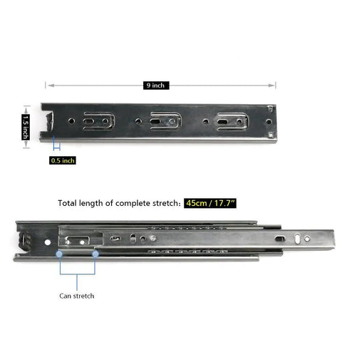 Heavy Duty 9 Inch Full Extension Ball Bearing Telescopic Drawer Slides Two Pair Cold Rolled Steel dimensions with measurements.