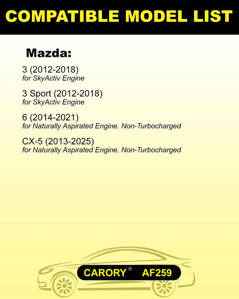 Compatible model list for Mazda SkyActiv engines, including 3, 3 Sport, 6, and CX-5 models from 2012 to 2025, CARORY AF259 label.