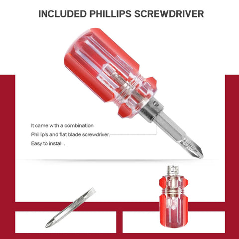 Included Phillips screwdriver in 100 PC ATV Fastener Kit For Yamaha Grizzly And Rhino, dual-ended tool, clear red handle