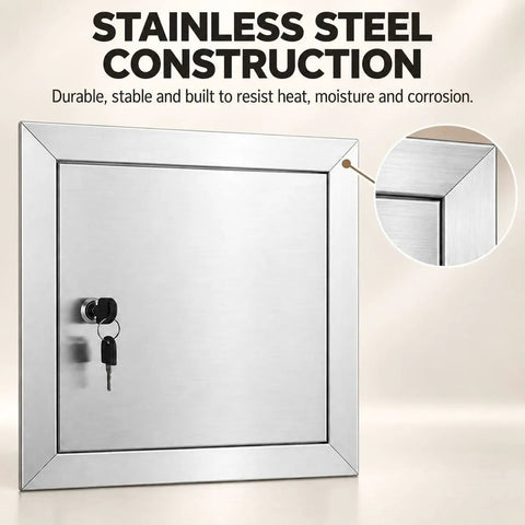 Built Tough Stainless Steel Drywall Access Door 28 By 28 Inch Wall Cutout with key lock detail, showcasing durable stainless steel construction.