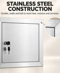 Straight Up Heavy Duty Stainless Steel Drywall Access Door With Smooth Swing Rotary Latch For Wall Or Ceiling Knockout 28 By 28 Inch utility service panel showcasing durable stainless steel construction.