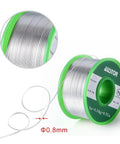 0.8mm Lead Free Solder Wire With Rosin Core For Electronics DIY Projects Makers And Soldering Nerds 100g Reel Sn Ag Cu Alloy 99 0.3 0.7 Flux 2 Percent Melts Smoothly At About 217C Ideal For PCB Repairs And Tiny Solder Joints, showing close-up of wire coil on green reel.