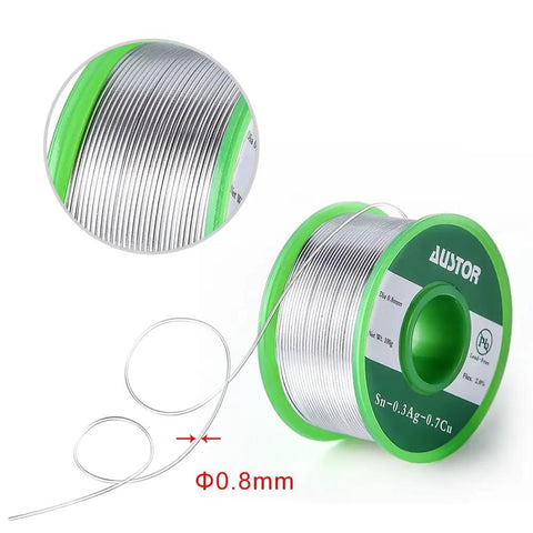 0.8mm Lead Free Solder Wire With Rosin Core For Electronics DIY Projects Makers And Soldering Nerds 100g Reel Sn Ag Cu Alloy 99 0.3 0.7 Flux 2 Percent Melts Smoothly At About 217C Ideal For PCB Repairs And Tiny Solder Joints, showing close-up of wire coil on green reel.