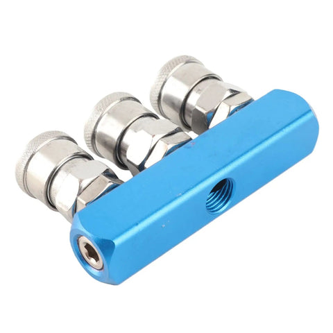 Push In Connection Design C Type Air Compressor Quick Connector With Aluminum Alloy Body, blue, three outlets, side view