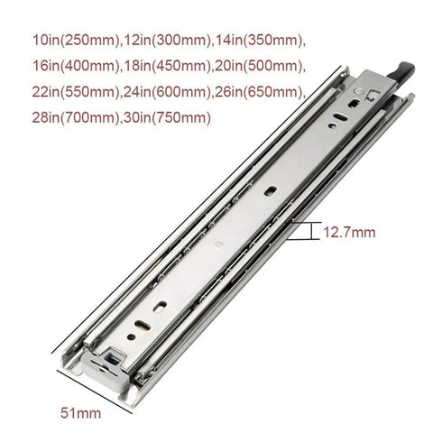Beefed Up Heavy Duty Soft Close Drawer Slides With Lock, Push To Open Drawer Runners, dimensions labeled for various sizes