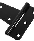 Heavy-duty gate hinge in black metal with multiple mounting holes, angled front view