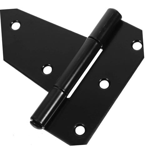 Heavy-duty gate hinge in black metal with multiple mounting holes, angled front view