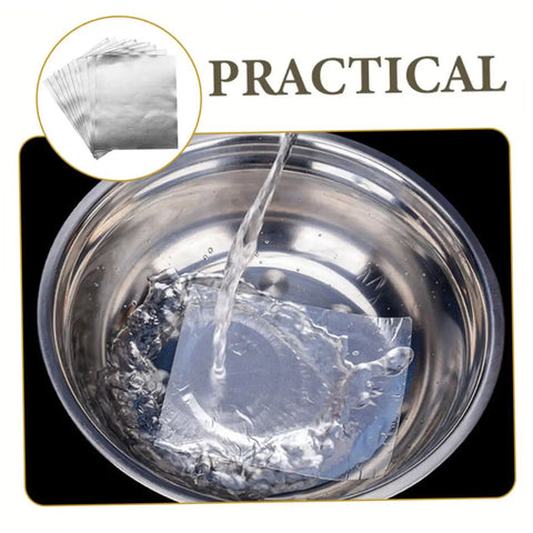 High Temp Aluminum Pot Repair Patches For Cookware Leak Fix applied inside a stainless steel pot with water, 20 sheets shown.