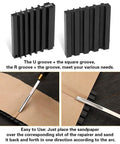 Leather Edge Beveler Set With Sandalwood Handles - 5 Size Skiving Kit, 2 Sharpener Guides in use with leather strips