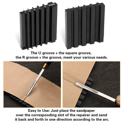 Leather Edge Beveler Set With Sandalwood Handles - 5 Size Skiving Kit, 2 Sharpener Guides in use with leather strips