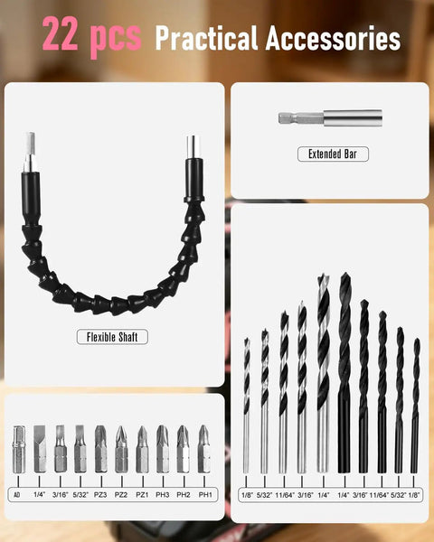 22-piece accessories for Brushless 20V Cordless Drill Driver Kit with various drill bits and flexible shaft, pink packaging.