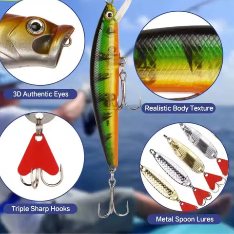 Variety of lures and hooks from All In One 409 Piece Fishing Lure Kit And Tackle Box Set For Freshwater And Saltwater Angling, Includes Hooks Lures Sinkers Swivels And Accessories, Awesome Gift For Beginners And Pros