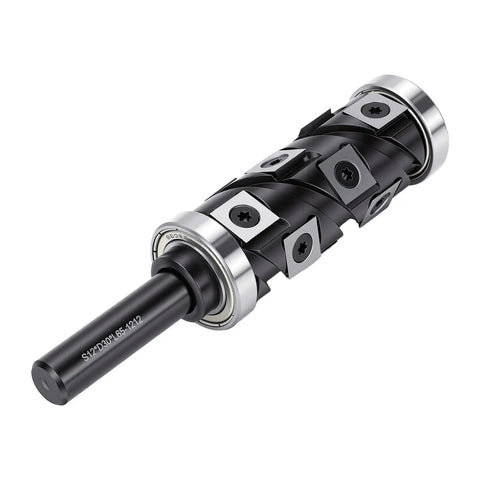 Aolidsive Flush Trimming Router Bit With Reversible Carbide Insert And Precision Bearing For Zero Deviation Cuts On Mdf, Hdf & Plywood Panels Featuring 1/2 Inch Shank close-up view showing carbide inserts and shank.