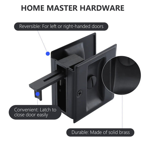 Premium Solid Brass Matte Black Pocket Door Lock Pull Set, 2 Pack, reversible solid brass lock with inset latch detail