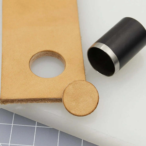 Close-up of leather with circular cut using 21 Piece Leather Circle Cutter Set Pro Grade Circle Punch Kit 1mm To 55mm.