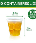 50 Pack 32 Ounces Deli Containers With Lids Leak Proof BPA Free Plastic Takeout Bowls with lemon slices inside, size displayed